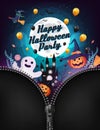 Halloween character and element design on full moon Background are opened by dragging zipper, Trick or Treat Concept, Vector