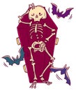 Halloween character. Funny smiling skeleton in coffin in cartoon style.