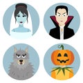 Halloween character set. Vampire, werewolf, dead bride, Jack-o-Lantern Royalty Free Stock Photo
