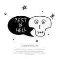 HALLOWEEN character skull with phrase REST IN HELL. Vector illustration Spooky Season creepy avatar on 31 October.