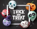 Halloween character vector background. Halloween trick or treat text with pumpkins, ghost, vampire and witch character Royalty Free Stock Photo