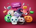 Halloween character vector design. Happy halloween text in speech bubble element with scary, spooky, creepy and cute mascot
