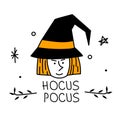 HALLOWEEN character witch with phrase HOCUS POCUS. Vector illustration Spooky Season creepy avatar on 31 October.
