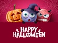 Halloween characters background design. Happy halloween text in red space with creepy, spooky and scary characters Royalty Free Stock Photo