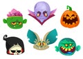 Halloween characters icon set. Cartoon heads of grim reaper bat pumpkin Jack o lntern zombie vampire
