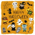 Halloween characters jack-o-lantern, pumpkin, mommy, ghost, bat, black cat, skeleton, monster, coffin, grave, werewolf, witch, Royalty Free Stock Photo