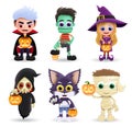 Halloween characters vector set. Cute kids character wearing halloween costume like vampire, zombie, witch, grim reaper, cat.