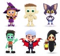 Halloween characters vector set. Halloween character in cute and scary costume of witch, mummy, wolf, zombie, vampire and grim rea