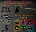 Halloween characters vector set. Raven, wanderer, witch, bats and jack`o`pumpkin head silhouettes. Royalty Free Stock Photo