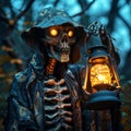 Halloween charm Skeleton holding lantern, creating a haunting silhouette