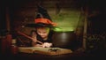 Halloween. child girl witch preparing potion in cauldron