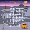 Halloween children game. Cartoon puzzle with spooky maze. Find path from labyrinth. Search way on funny map