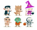 Halloween children costume kids masquerade fantasy RPG game party characters icons set vector illustration Royalty Free Stock Photo