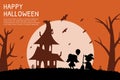 Halloween children party poster. Happy cute characters silhouette, card template, childish monster party banner, kids in Royalty Free Stock Photo