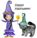 Halloween Childrens Card. Black-haired Witch In A Purple Dress With Mushrooms And Orange Boots. Magic Wand In Hand. Black Cat In