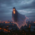 Halloween chills flying ghost sheet with city lights in background