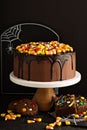 Halloween chocolate cake with candy on top
