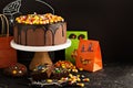 Halloween chocolate cake with candy on top