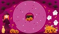 Halloween circle maze for kids with cute witch character holding broom, find right way to cauldroun with potion