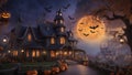 Halloween city with joints and bats in cartoon style. AI generated