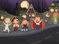 Halloween city. Kids costumes night horror scary halloween party urban landscape creepy monsters walking vector