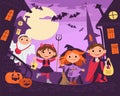 Halloween city. Kids on naughty street. Children in holiday monster costumes. Boys and girls walk at night. Trick or
