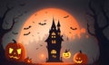 Halloween 2023. City panorama in halloween style. Scary halloween isolated background. Halloween on orange and black background.