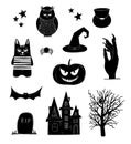 Halloween clip art. Black and white pumpkin, owl, witch, bat clipart