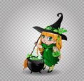 Halloween clip art character of cute blonde baby witch girl in green dress with cauldron clip art