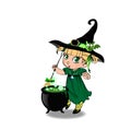 Halloween clip art character of kawaii blonde baby witch girl in green dress with cauldron