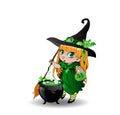 Halloween clip art character of little blonde baby witch girl in green dress with cauldron Royalty Free Stock Photo