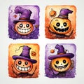 Halloween clipart Set, Various Smiles of Skeletons, Ghosts, Witches, watercolor Style,