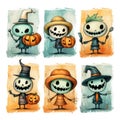 Halloween clipart Set, Various Smiles of Skeletons, Ghosts, Witches, watercolor Style,