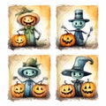 Halloween clipart Set, Various Smiles of Skeletons, Ghosts, Witches, watercolor Style,