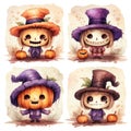 Halloween clipart Set, Various Smiles of Skeletons, Ghosts, Witches, watercolor Style,