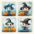 Halloween clipart Set, Various Smiles of Skeletons, Ghosts, Witches, watercolor Style,