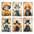 Halloween clipart Set, Various Smiles of Skeletons, Ghosts, Witches, watercolor Style,