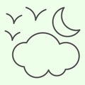 Halloween cloudy night thin line icon. Scary half moon with clouds and birds outline style pictogram on white background