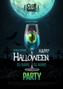 Halloween cocktail disco party poster with realistic transperent cocktail glass and burning eye inside