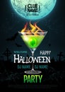 Halloween cocktail disco party poster with realistic transperent cocktail glass and burning eye inside