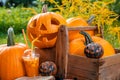 Halloween cocktail near pumpkins decoration on background. Punch for a party. Jack-o-Lantern is drinking .