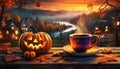 halloween coffee with pumpkins as lanterns