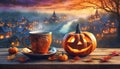 halloween coffee with pumpkins as lanterns