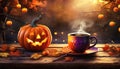 halloween coffee with pumpkins as lanterns