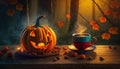 halloween coffee with pumpkins as lanterns