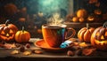 halloween coffee with pumpkins as lanterns