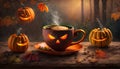 halloween coffee with pumpkins as lanterns