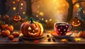 halloween coffee with pumpkins as lanterns