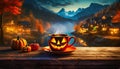 halloween coffee with pumpkins as lanterns