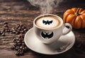 Halloween Coffee Treat: Rustic Background & Milky Magic Royalty Free Stock Photo